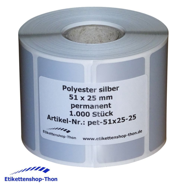 Polyesteretiketten - 51 x 25 mm - 1000 Stück - silber - Hülse 25 mm